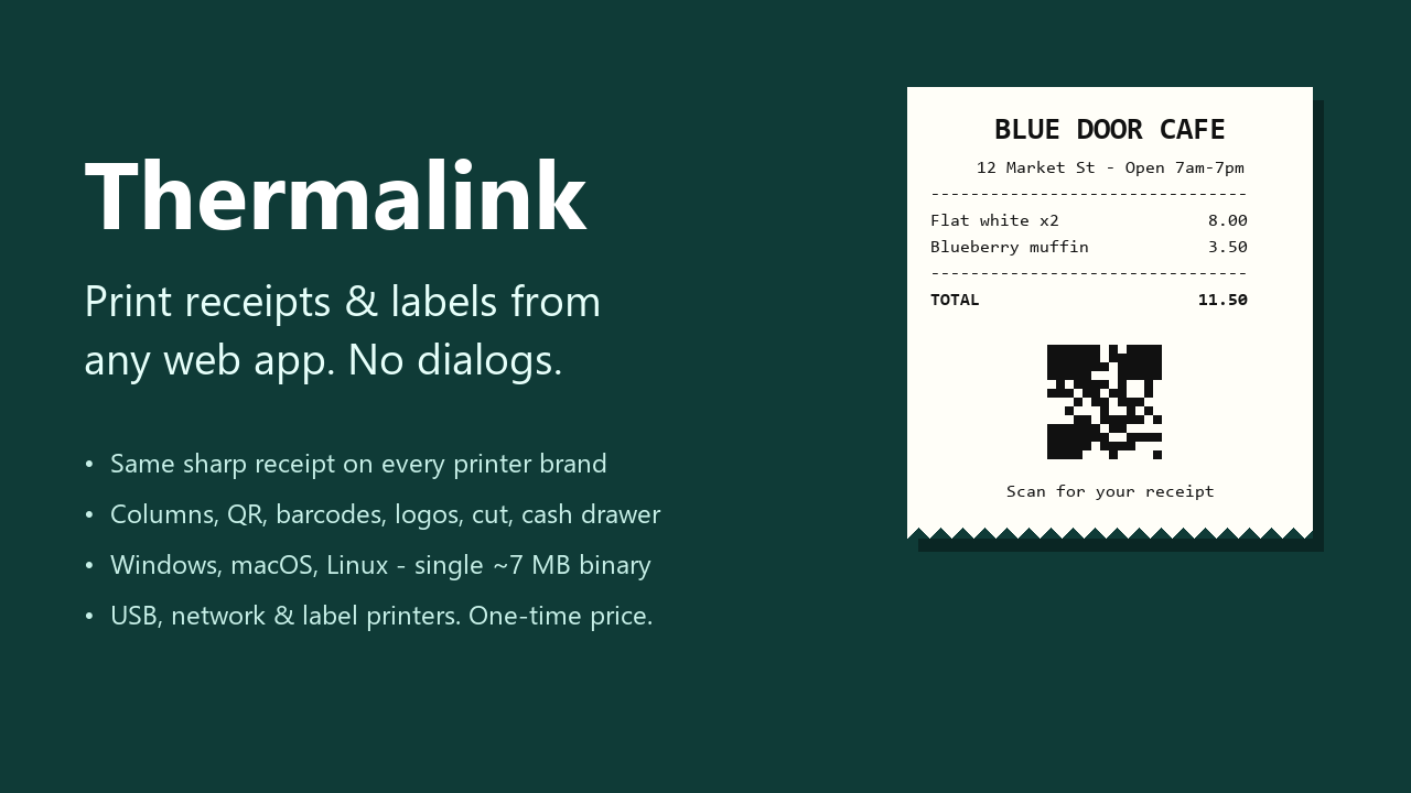 Thermalink: a receipt rendered by the agent next to the JavaScript that produced it